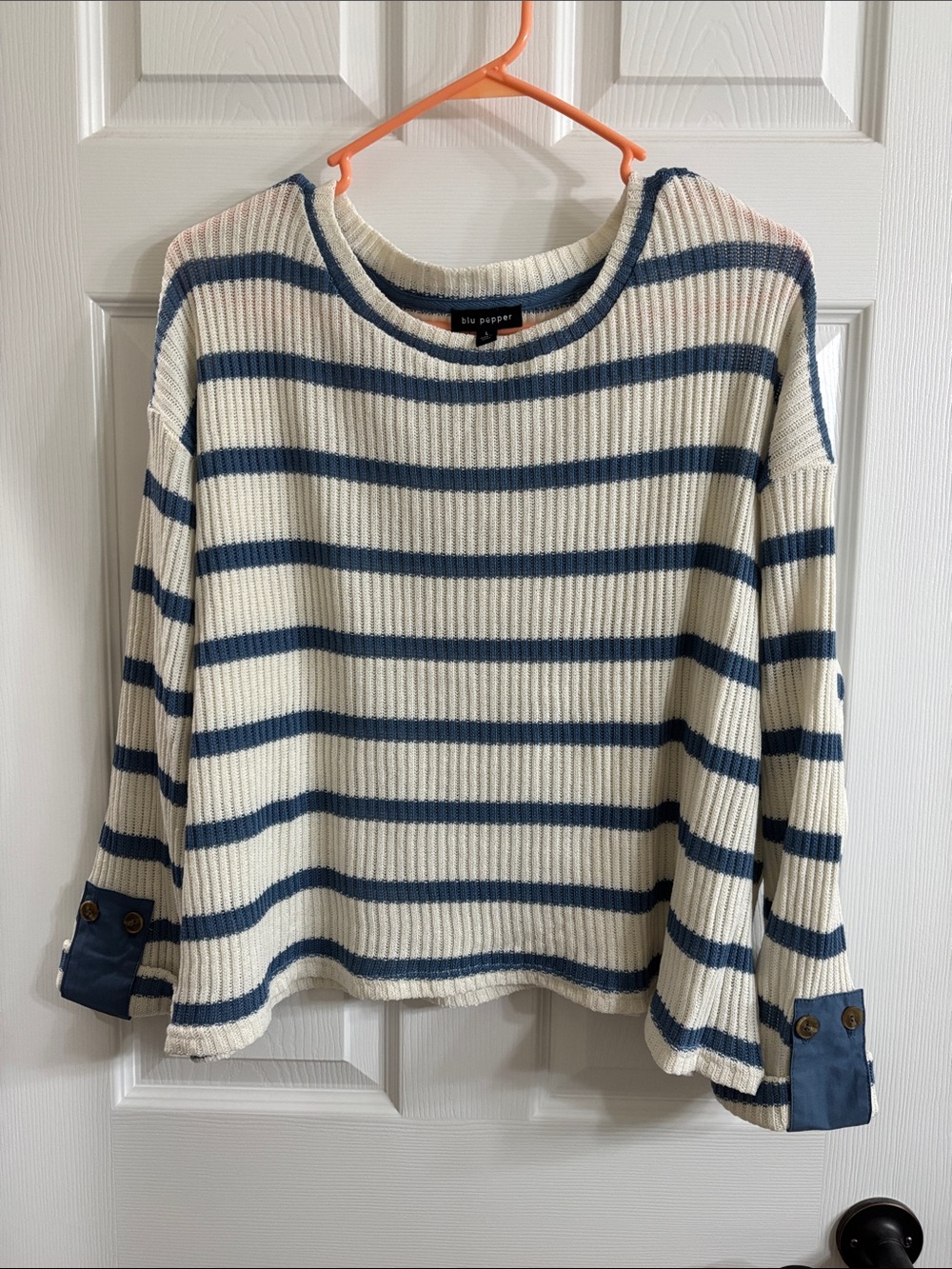 Blu Pepper Cream and Blue Striped Ribbed Top